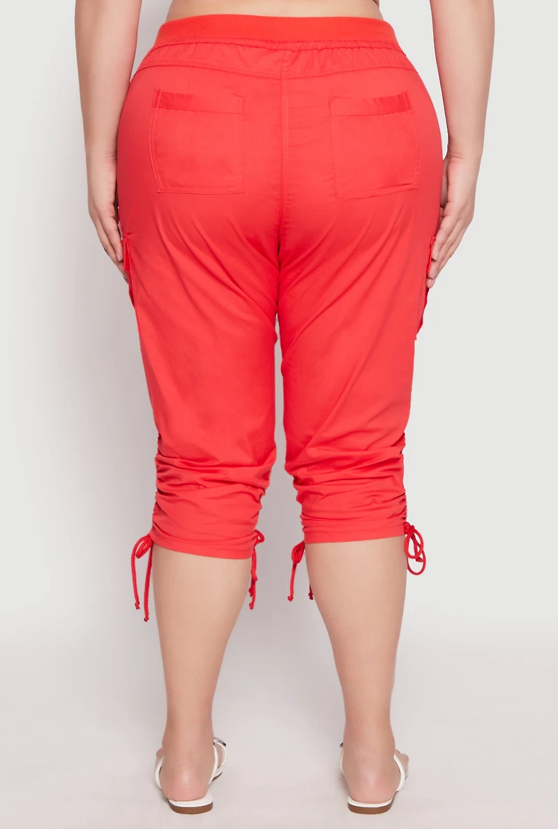 Womens Plus Size Toggle Drawstring Poplin Capri Pants, Red, Size 1X