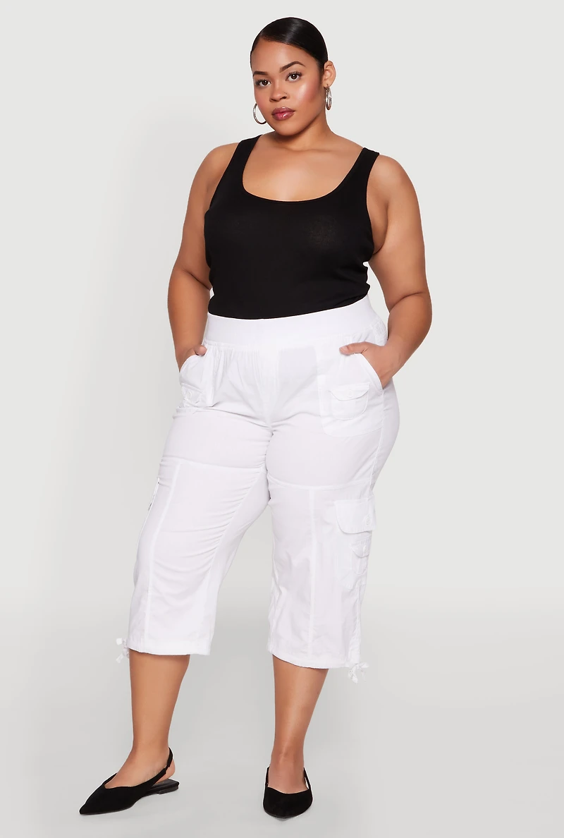 Womens Plus High Waisted Cargo Capri Pants, White,