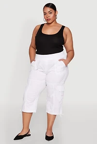 Womens Plus High Waisted Cargo Capri Pants, White,