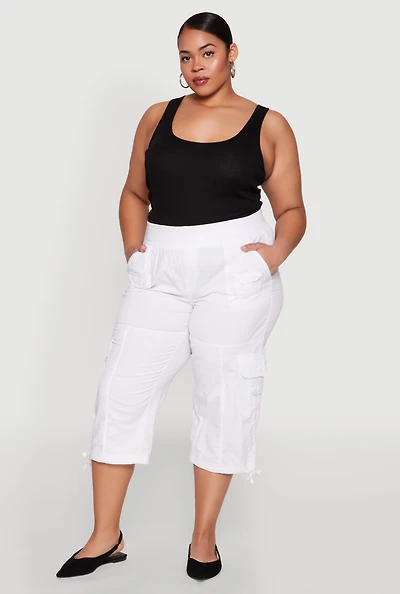 Womens Plus Size High Waisted Cargo Capri Pants, White, Size 2X