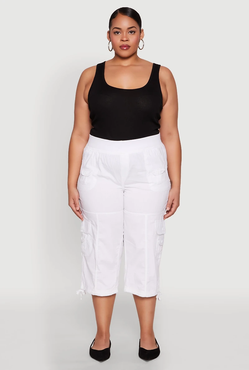 Womens Plus Size High Waisted Cargo Capri Pants, White, Size 2X