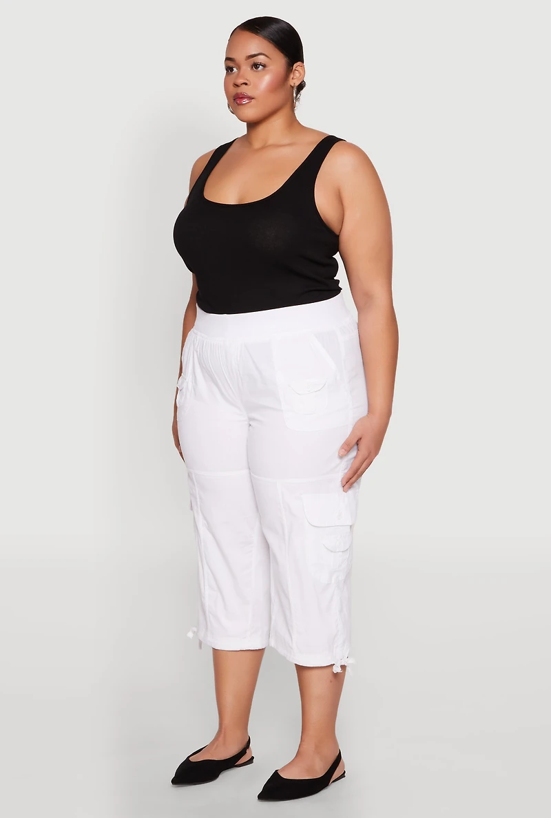 Womens Plus Size High Waisted Cargo Capri Pants, White, Size 2X