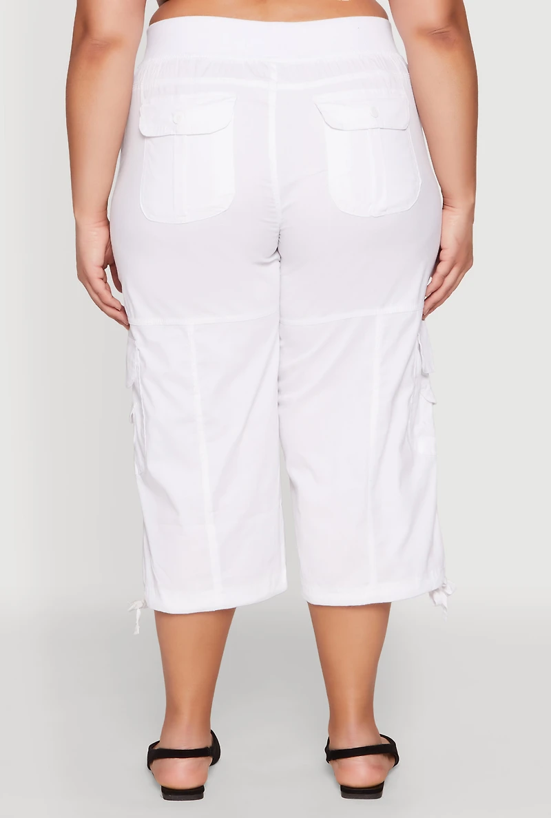 Womens Plus Size High Waisted Cargo Capri Pants, White, Size 2X