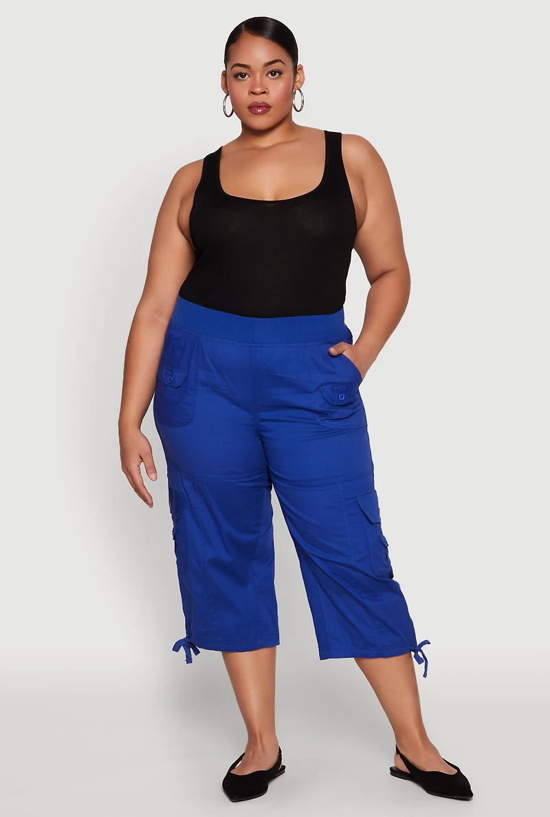 Womens Plus Size High Waisted Cargo Capri Pants, Blue, Size 2X