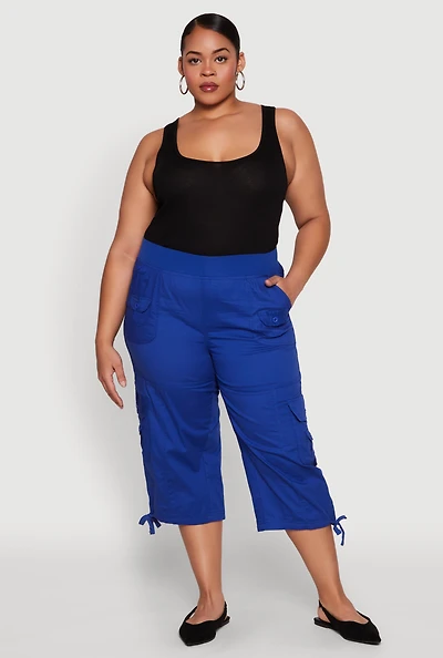 Womens Plus Size High Waisted Cargo Capri Pants, Blue, Size 2X