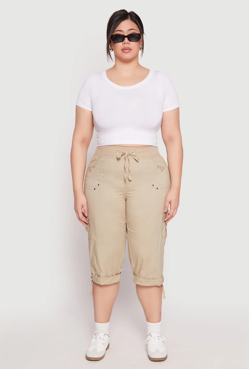 Womens Plus Size Poplin Rolled Cuff Capri Pants, Khaki, Size 3X