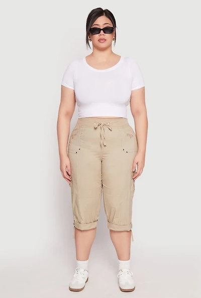 Womens Plus Size Poplin Rolled Cuff Capri Pants, Khaki, Size 3X