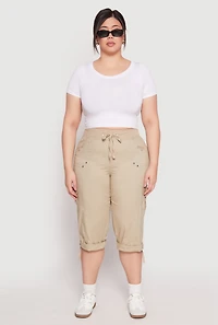 Womens Plus Size Poplin Rolled Cuff Capri Pants, Khaki, Size 3X