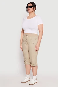 Womens Plus Size Poplin Rolled Cuff Capri Pants, Khaki, Size 3X