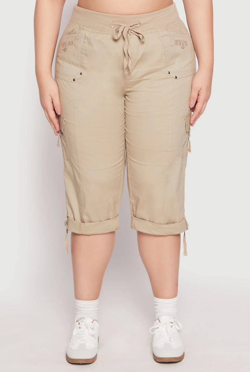 Womens Plus Size Poplin Rolled Cuff Capri Pants, Khaki, Size 3X
