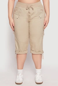 Womens Plus Size Poplin Rolled Cuff Capri Pants, Khaki, Size 3X