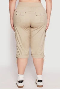Womens Plus Size Poplin Rolled Cuff Capri Pants, Khaki, Size 3X