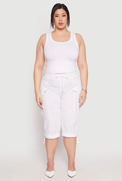 Womens Plus Size Poplin Rolled Cuff Capri Pants, White, Size 2X