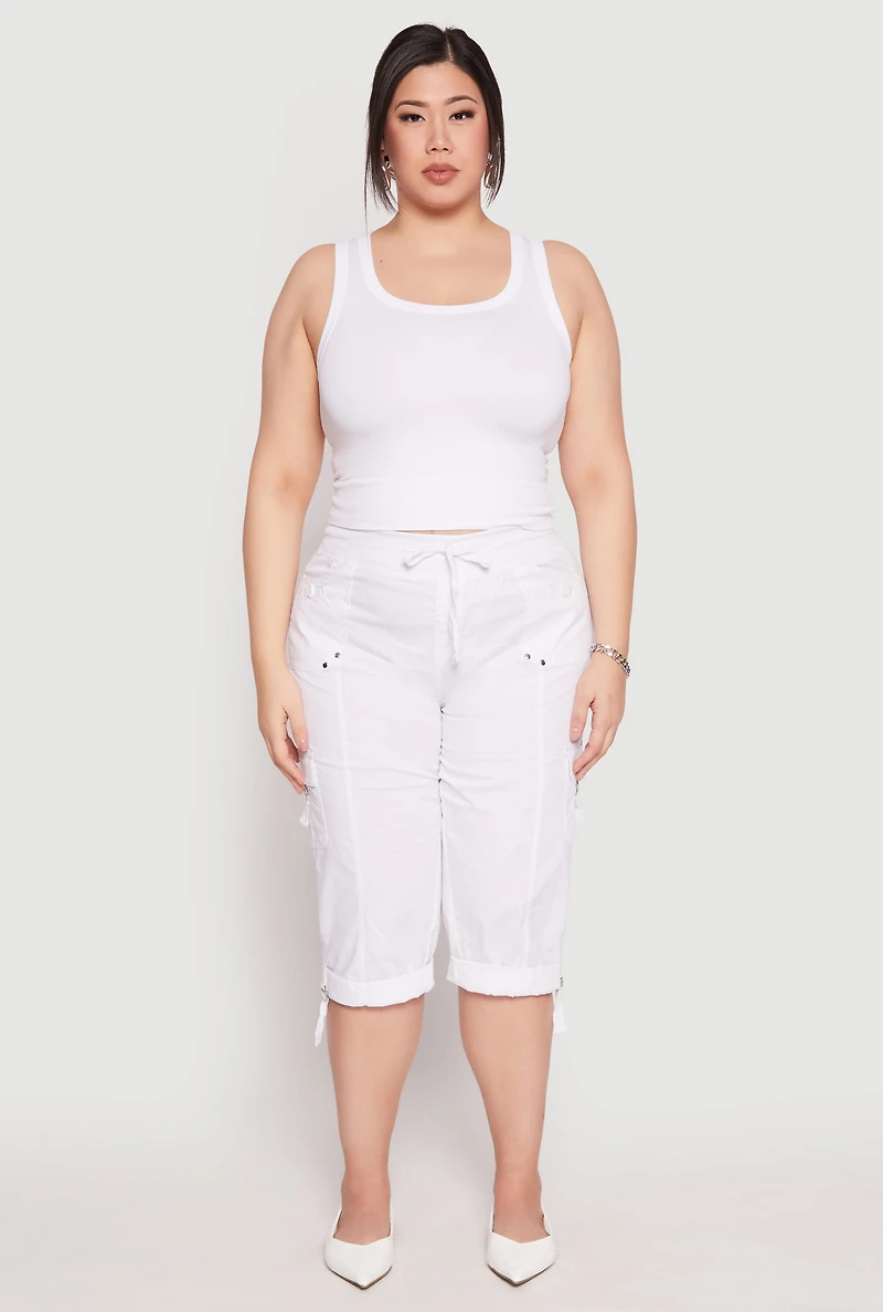 Womens Plus Size Poplin Rolled Cuff Capri Pants, White, Size 3X