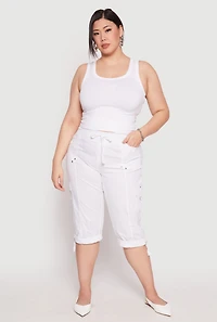 Womens Plus Size Poplin Rolled Cuff Capri Pants, White, Size 2X