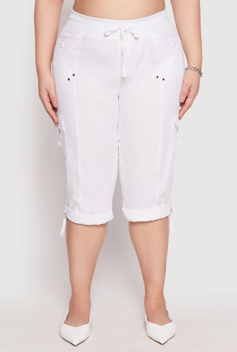 Womens Plus Size Poplin Rolled Cuff Capri Pants, White, Size 3X