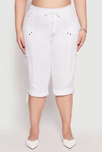 Womens Plus Size Poplin Rolled Cuff Capri Pants, White, Size 3X