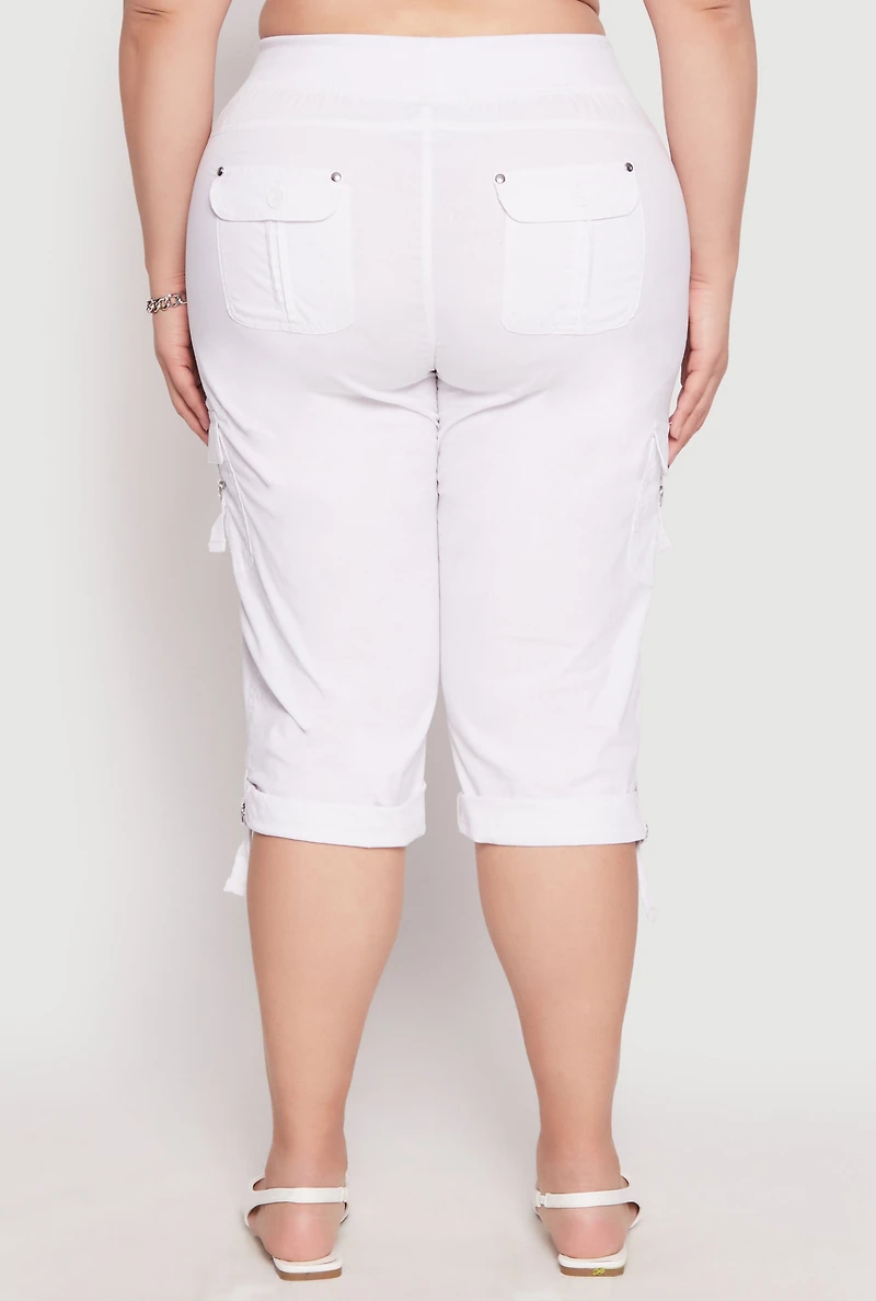 Womens Plus Size Poplin Rolled Cuff Capri Pants, White, Size 3X
