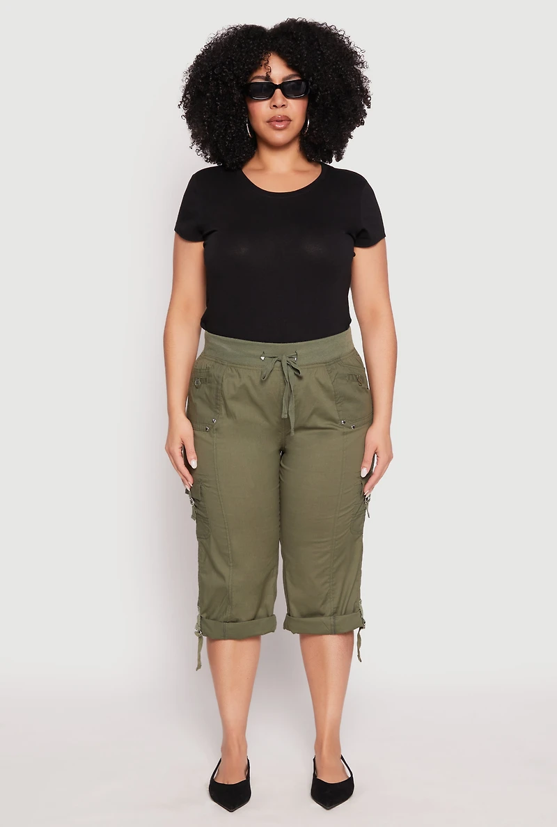 Womens Plus Poplin Rolled Cuff Capri Pants, 2X