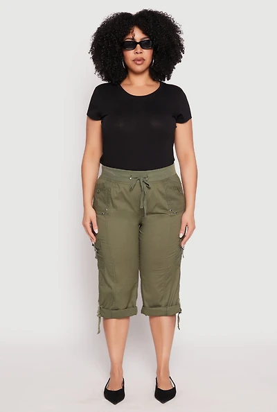 Womens Plus Poplin Rolled Cuff Capri Pants, 2X