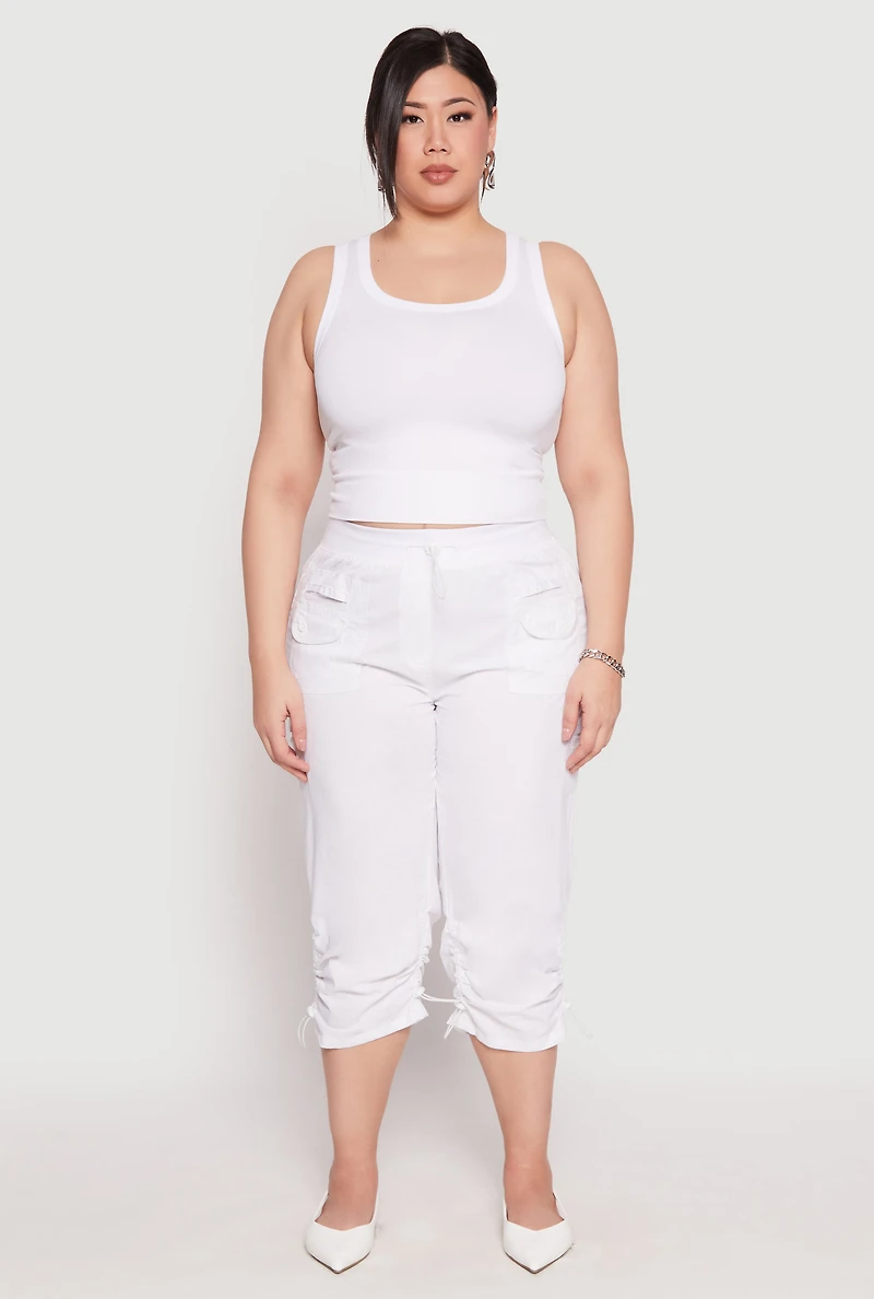 Womens Plus Size Poplin Toggle Drawstring Capri Pants, White, Size 3X