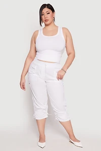 Womens Plus Poplin Toggle Drawstring Capri Pants, White,