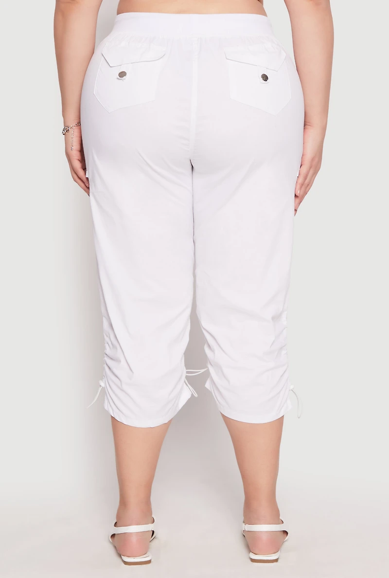 Womens Plus Size Poplin Toggle Drawstring Capri Pants, White, Size 1X