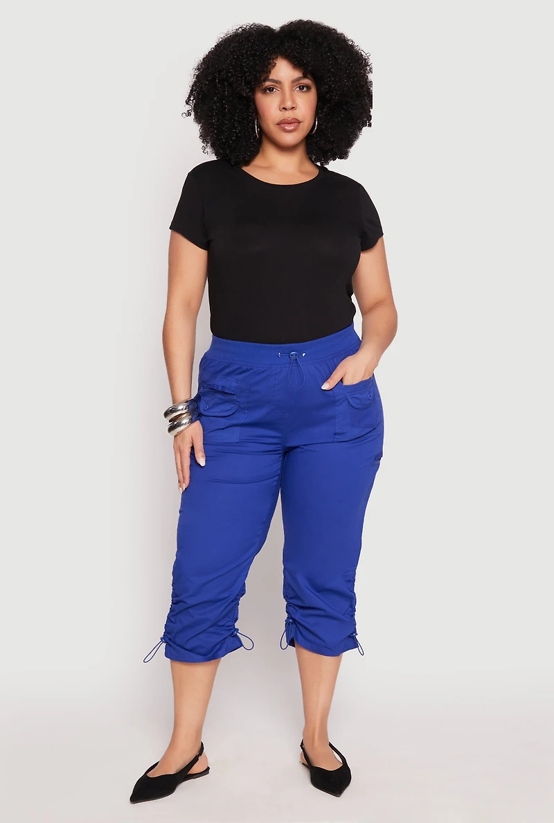 Womens Plus Size Poplin Toggle Drawstring Capri Pants, Blue, Size 2X