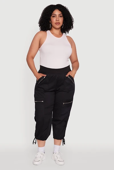Womens Plus Size Elastic High Waisted Drawstring Hem Capris Pants, Black, Size 3X