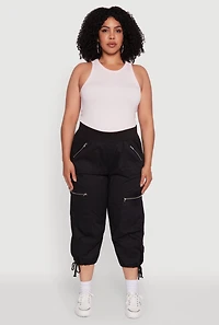 Womens Plus Size Elastic High Waisted Drawstring Hem Capris Pants, Black, Size 3X