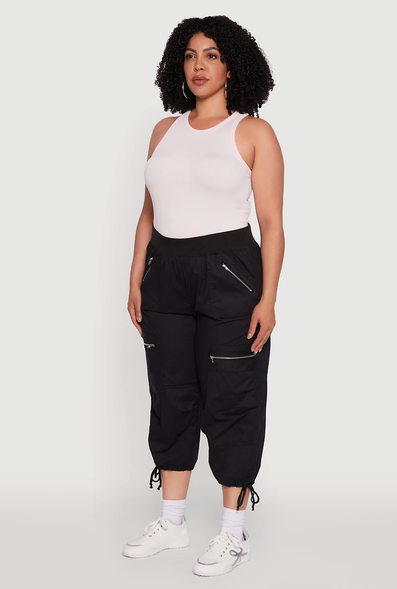 Womens Plus Size Elastic High Waisted Drawstring Hem Capris Pants, Black, Size 3X