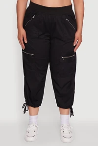 Womens Plus Size Elastic High Waisted Drawstring Hem Capris Pants, Black, Size 3X