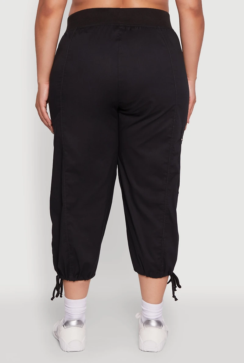 Womens Plus Size Elastic High Waisted Drawstring Hem Capris Pants, Black, Size 3X