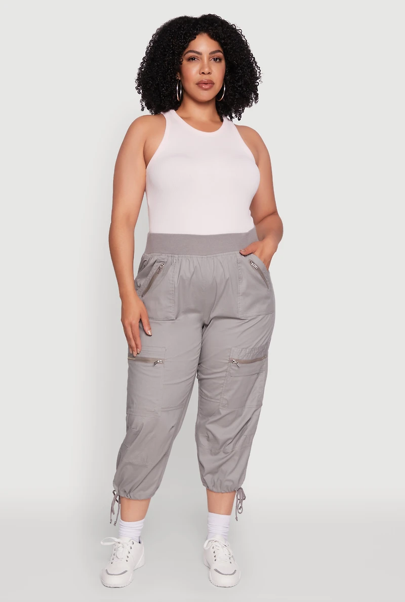 Womens Plus Elastic High Waisted Drawstring Hem Capris Pants,