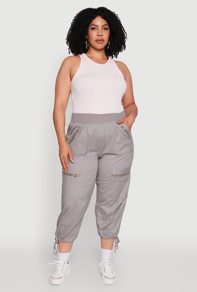 Womens Plus Size Elastic High Waisted Drawstring Hem Capris Pants, Grey, Size 2X