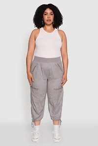 Womens Plus Size Elastic High Waisted Drawstring Hem Capris Pants, Grey, Size 3X