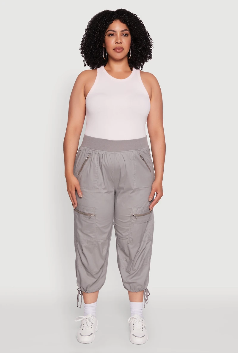 Plus Elastic High Waisted Drawstring Hem Capris Pants