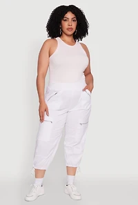 Womens Plus Elastic High Waisted Drawstring Hem Capris Pants, White,