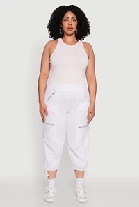 Womens Plus Elastic High Waisted Drawstring Hem Capris Pants, White,