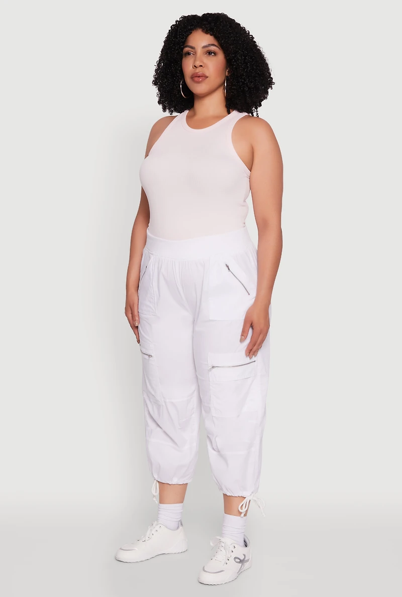 Womens Plus Elastic High Waisted Drawstring Hem Capris Pants, White,