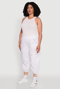 Womens Plus Elastic High Waisted Drawstring Hem Capris Pants, White,