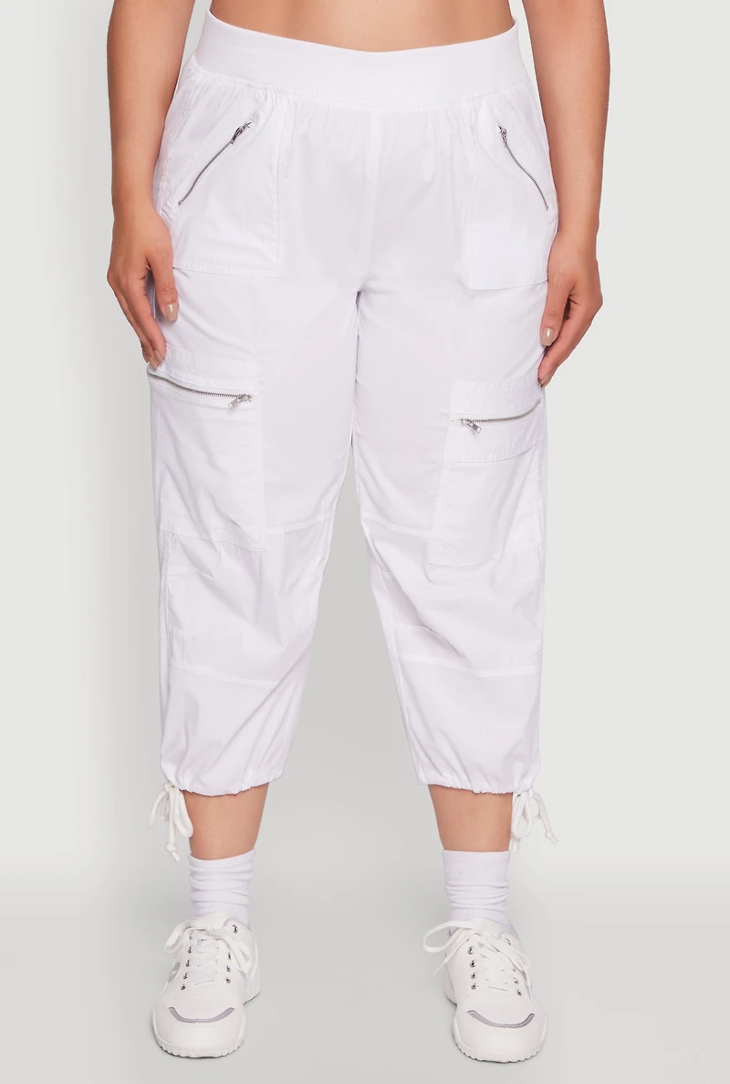 Womens Plus Elastic High Waisted Drawstring Hem Capris Pants, White,