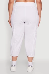 Womens Plus Elastic High Waisted Drawstring Hem Capris Pants, White,