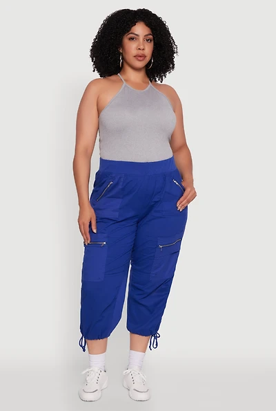 Womens Plus Elastic High Waisted Drawstring Hem Capris Pants, 2X