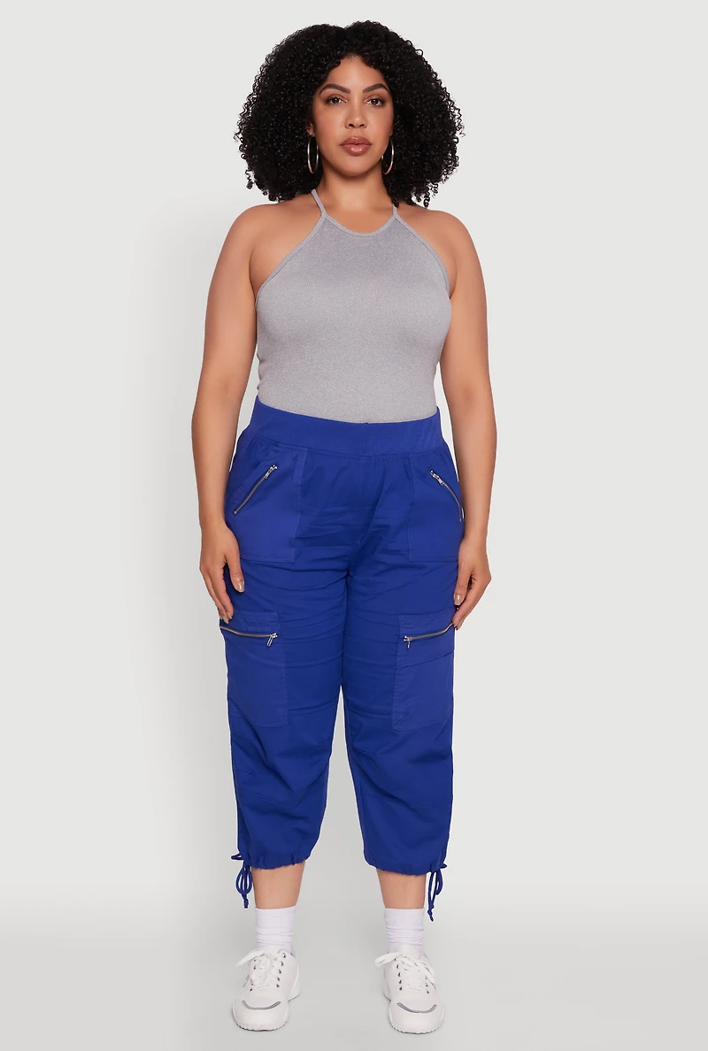 Womens Plus Elastic High Waisted Drawstring Hem Capris Pants, 2X