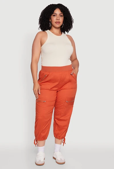 Womens Plus Size Elastic High Waisted Drawstring Hem Capris Pants, Orange, Size 2X