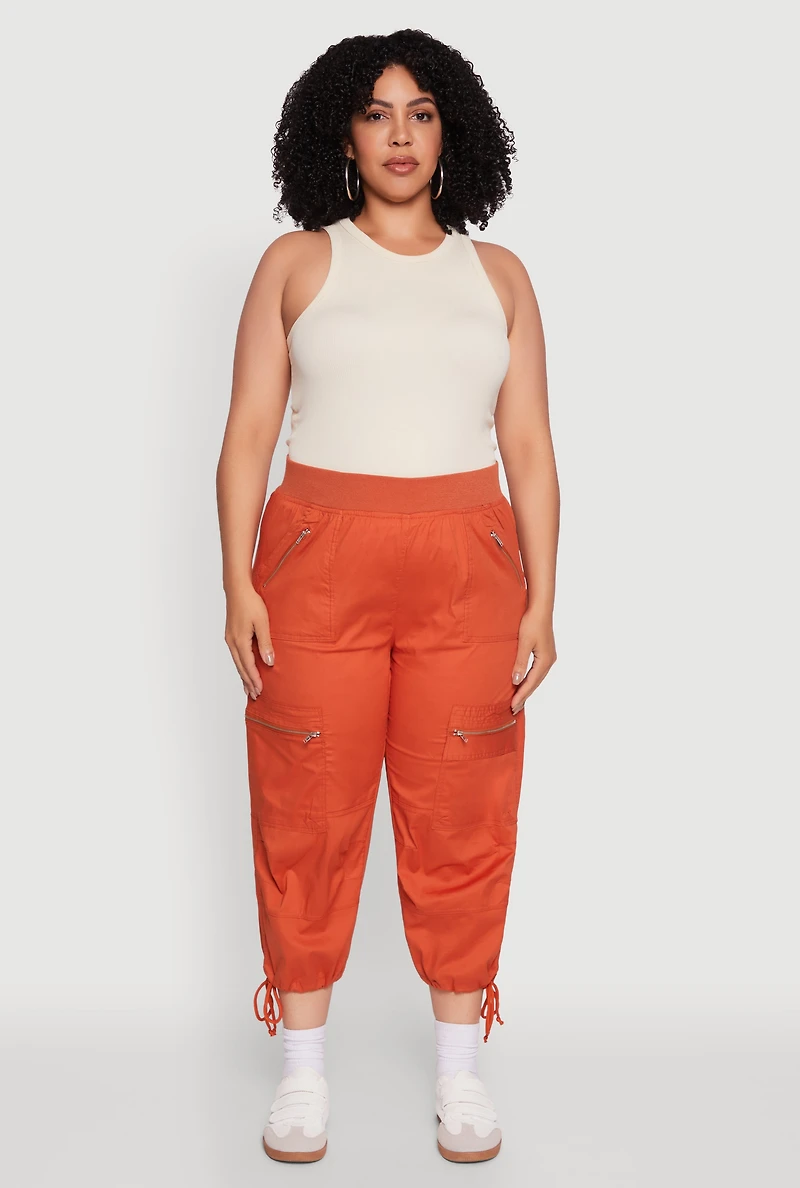 Womens Plus Elastic High Waisted Drawstring Hem Capris Pants,