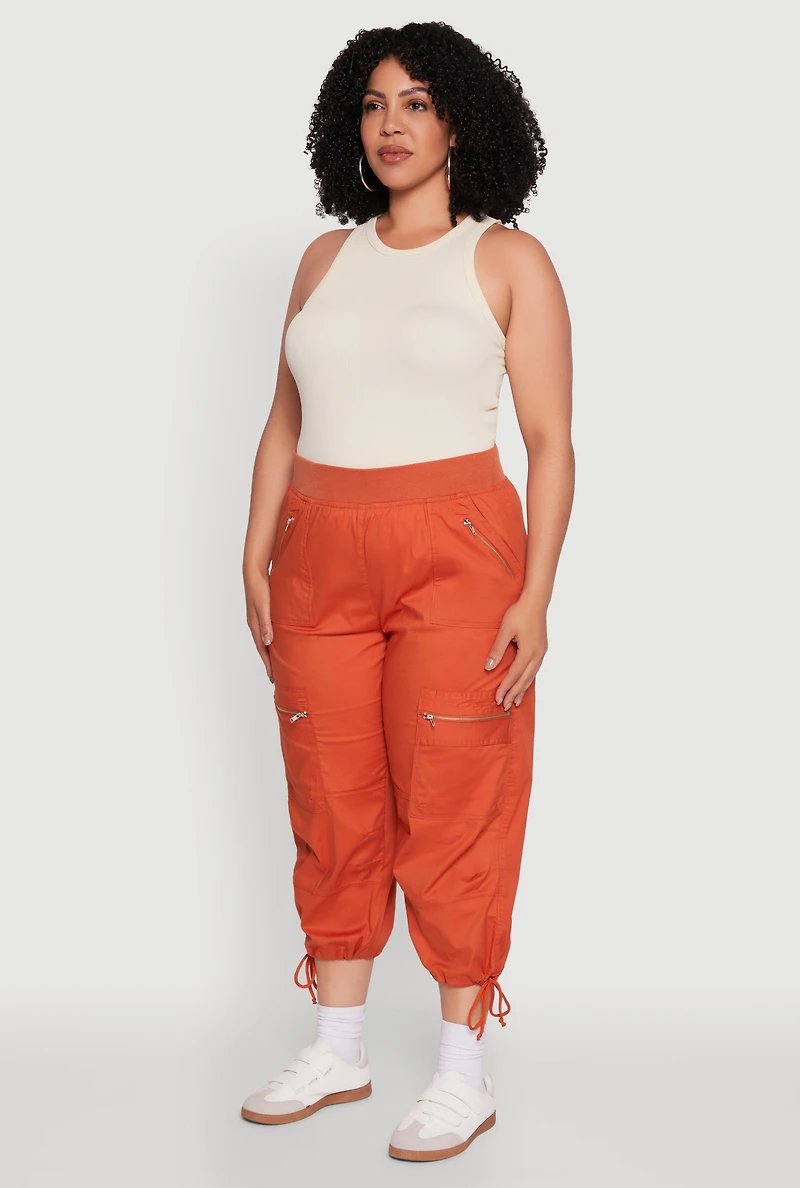 Womens Plus Elastic High Waisted Drawstring Hem Capris Pants,