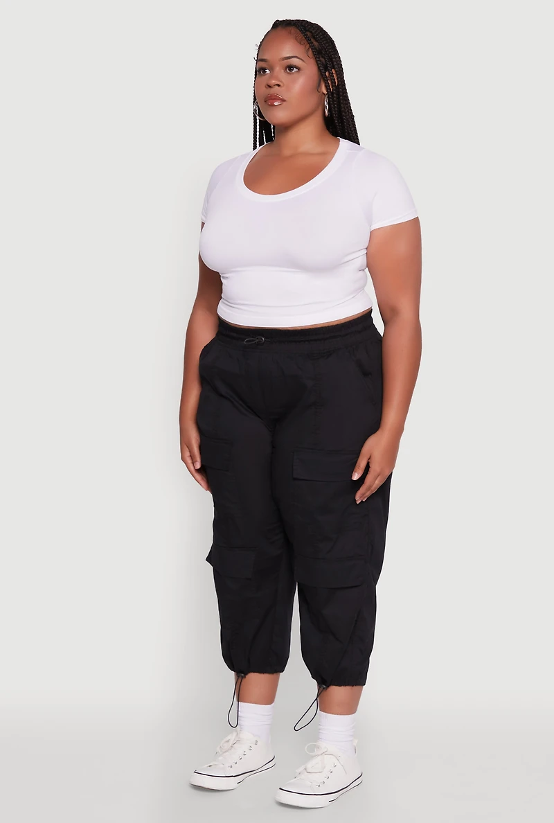 Womens Plus Poplin Drawstring Hem Utility Capris,