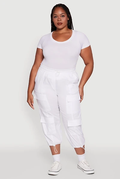 Womens Plus Size Poplin Drawstring Hem Utility Capris, White, Size 1X
